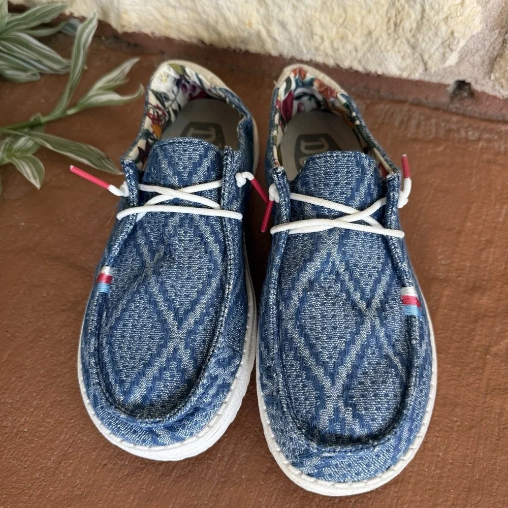 HEY DUDE Wendy Boho Aztec Women's Slip On Shoes Tru Blue US 6